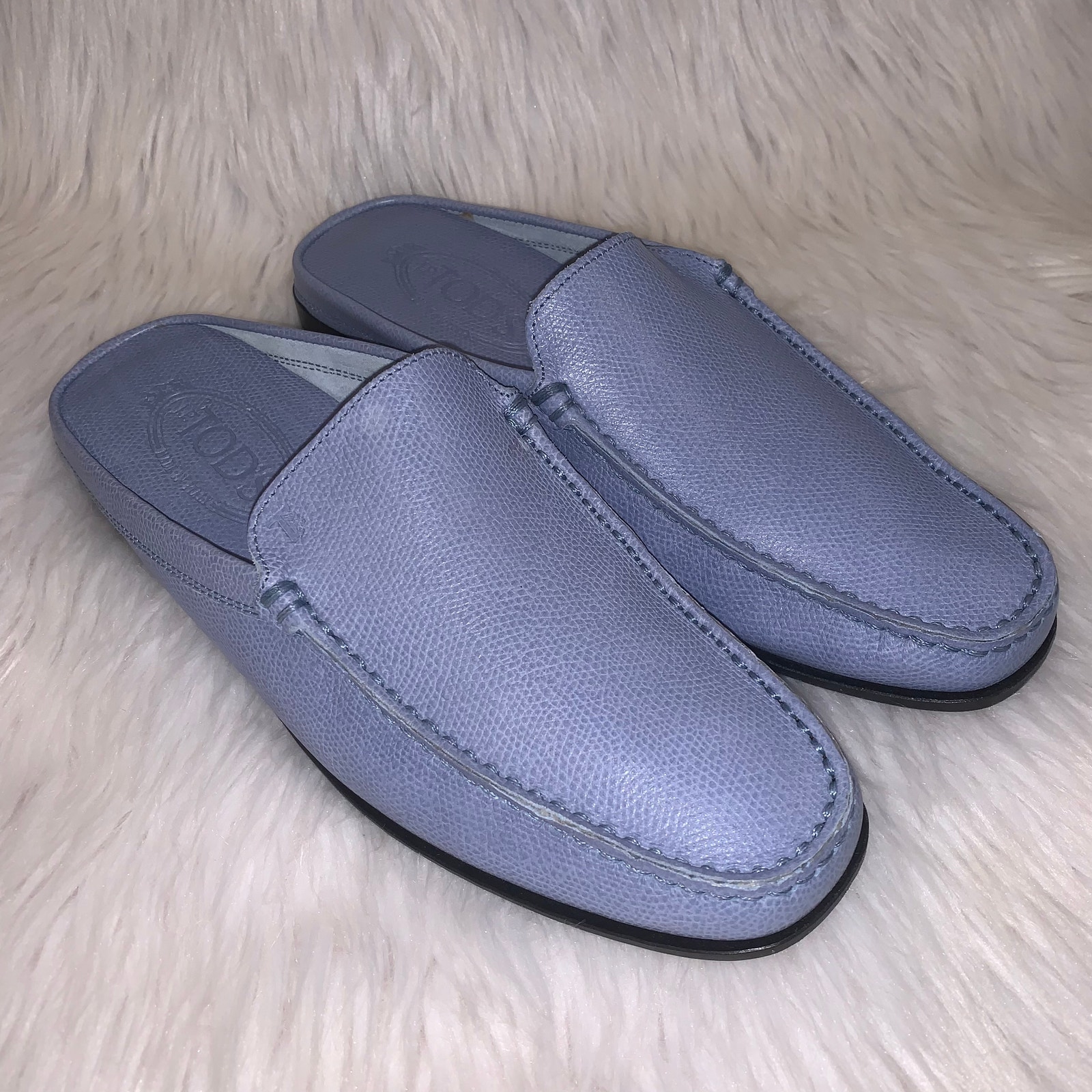 Tods Pebbled Leather Backless Slip On Mules Loafers Preppy Old Money, Blue